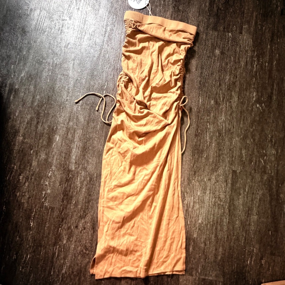 Princess Polly Mini Skirt Womens 4 Tan Ruched Bodycon Drawstring Cotton Stretch